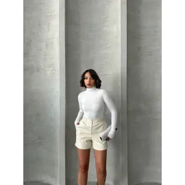 Beli Lastikli Çıtçıtlı Deri Şort Krem W241007 (Beden: S)