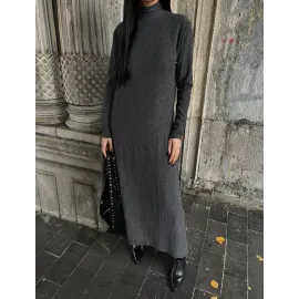 Boğazlı Kalın Bürümcük Uzun Elbise Siyah (Beden: L)