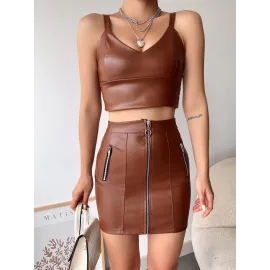 Üç Fermuarlı Deri Etek Kahve S24510 (Beden: M)