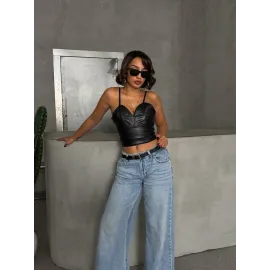 İp Askılı Yandan Fermuarlı Rastale Deri Crop Siyah S24113 (Beden: L)