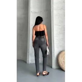 Mom Fit Enzim Taş Yıkama Jeans Pantolon Füme D2006 (Beden: 36)