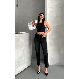 Mom Fit Enzim Bıyıklı Taş Yıkama Jeans Pantolon Siyah D2006 (Beden: 38)