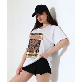 Varak Çizgili Oversize Tişört Beyaz (Beden: L)