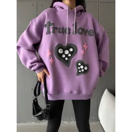 3 İplik Şardonlu Oversize True Baskılı Sweat Mor (Beden: S)