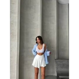 Piliseli Düğmeli Şort Etek Beyaz S25813 (Beden: M)