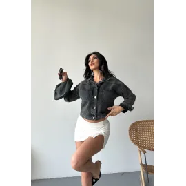 Çift Cepli Kol Katlamalı Süper Taş Enzim Yıkama Crop Kot Ceket Füme D2000 (Beden: M)