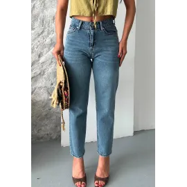 Mom Fit Kar Yıkama Bıyık Detaylı Jeans Pantolon D2006 Mavi (Beden: 42)