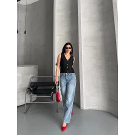 Palazzo Straight Kar Yıkama Jeans Pantolon Mavi D2008 (Beden: 38)