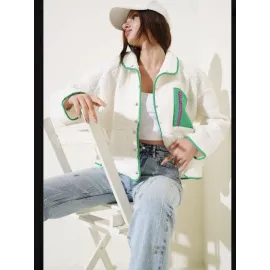 Yeşil Fermuar Cepli Kuzu Mont Beyaz T1085 (Beden: M)