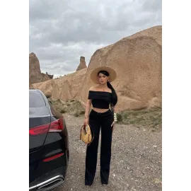 Madonna Yaka Bol Paça Pantolonlu Takım Siyah (Beden: S)