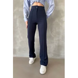 Önü Cumalı İthal Krep Pantolon Lacivert (Beden: M)