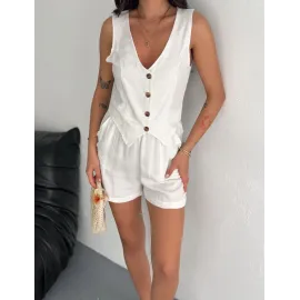 Kadın Keten Şort Yelek Takım S3461 Krem (Beden: L)