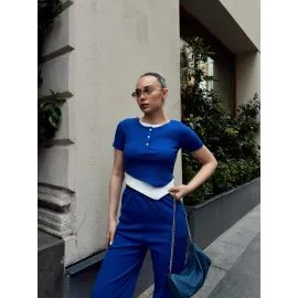 Düğme Yakalı Saks Alt Üst Takım S3943 (Beden: S)