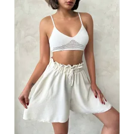 Volanlı Keten Şort Bej S255058 (Beden: Xl)