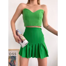 Pileli Düğmeli Etek Açık Yeşil S24811 (Beden: M)