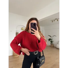 Salaş Delik Detaylı Kazak Kırmızı (Beden: Standart)