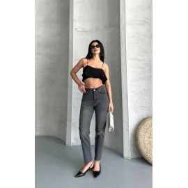 Mom Fit Enzim Taş Yıkama Jeans Pantolon Füme D2006 (Beden: 34)