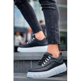 Kb-X10 Kuback Siyah Cilt  Beyaz Yüksek Taban Günlük Spor Ayakkabı (Numara: 40)