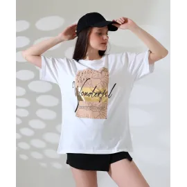 Varak Baskılı İmza Desen Tişört Beyaz (Beden: M)