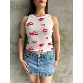 Öpücük Baskılı Bluz Beyaz (Beden: Standart)