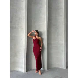 Krinkıl Tek Omuz Uzun Elbise Bordo S25455 (Beden: M)