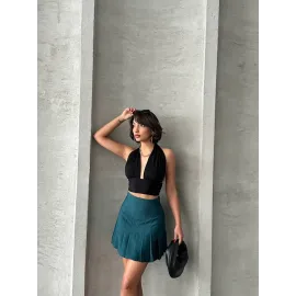 Pileli Düğmeli Etek Yeşil S24811 (Beden: S)