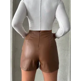 Parçalı Cepli Deri Şort Taba W26312 (Beden: M)