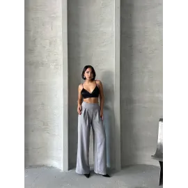 Pileli Keten Pantolon S255046 Gri (Beden: M)