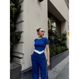 Düğme Yakalı Saks Alt Üst Takım S3943 (Beden: S)