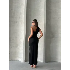 Krinkıl Tek Omuz Uzun Elbise Siyah S25455 (Beden: S)