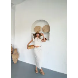 Uzun Etekli Bluz Takım Keten Krem S255852 (Beden: M)