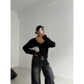 Küçük Düğmeli Küçük Örgülü Triko Hırka Siyah (Beden: Standart)