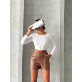 Parçalı Cepli Deri Şort Taba W26312 (Beden: M)