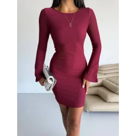 Prenses Kol Esnek Kumaş Elbise Bordo F2334 (Beden: L)