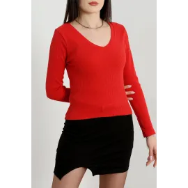 V Yaka Kaşkorse Bluz Kırmızı A3699 (Beden: S)