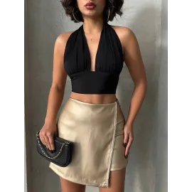 Taşlı Şort Etek Deri Gold H240018 (Beden: S)