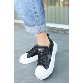 Piata Siyah Cilt Beyaz Tabanlı Bağcıklı Spor Ayakkabı (Numara: 36)