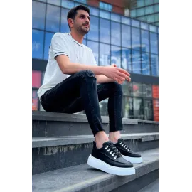 Kb-X10 Kuback Siyah Cilt  Beyaz Yüksek Taban Günlük Spor Ayakkabı (Numara: 42)