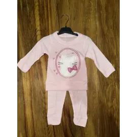 3-12 Aylık Kedi Desen İşlemeli Takım Pembe (Beden: 0-3)