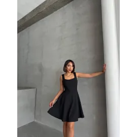 Kadın Kare Yaka Kısa Elbise S251188 Siyah (Beden: L)