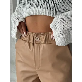 Beli Lastikli Duble Paça Deri Şort Bej W24755 (Beden: L)