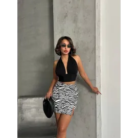 Tek Yırtmaçlı Zebra Desenli Deri Etek Beyazsiyah W24475-S (Beden: M)