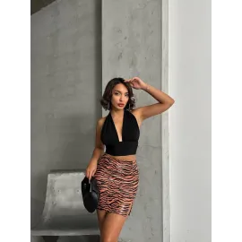 Tek Yırtmaçlı Zebra Desenli Deri Etek Kahvesiyah W24475-S (Beden: M)