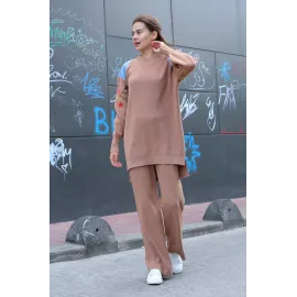 Omuz Detaylı Kol Nakışlı İkili Alt Üst Triko Takım Vizon (Beden: Standart)