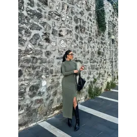 Yırtmaçlı Kalın Bürümcük Uzun Elbise Yeşil (Beden: M)