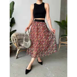 Baskılı Astarlı Uzun Etek Kırmızı (Beden: S)