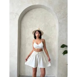 Volanlı Keten Şort Bej S255058 (Beden: Xl)