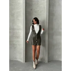 Deri Jile Elbise Haki W24796 (Beden: S)