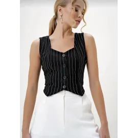 Çizgili Krep Düğmeli Yelek Siyah S3395 (Beden: Xl)