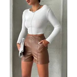 Parçalı Cepli Deri Şort Taba W26312 (Beden: M)